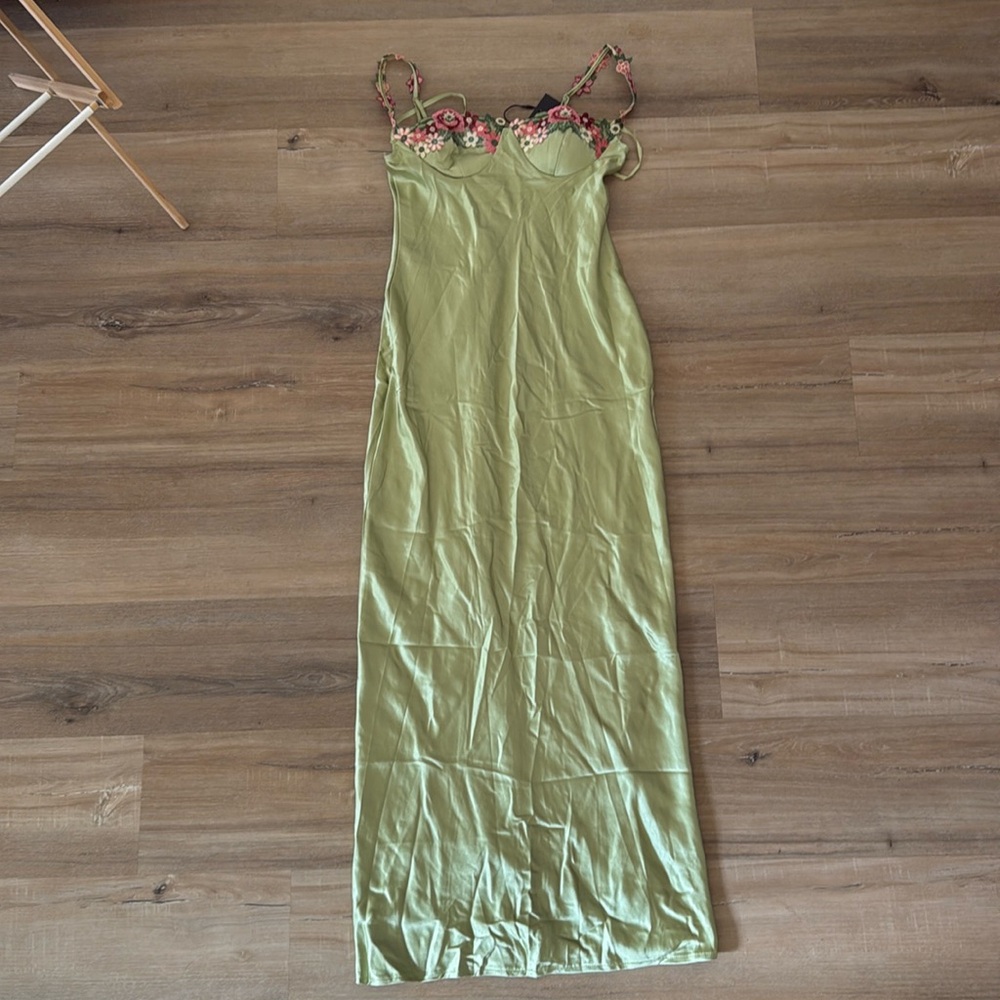 Showpo Olive Green Midi Dress with Pink Floral Accents